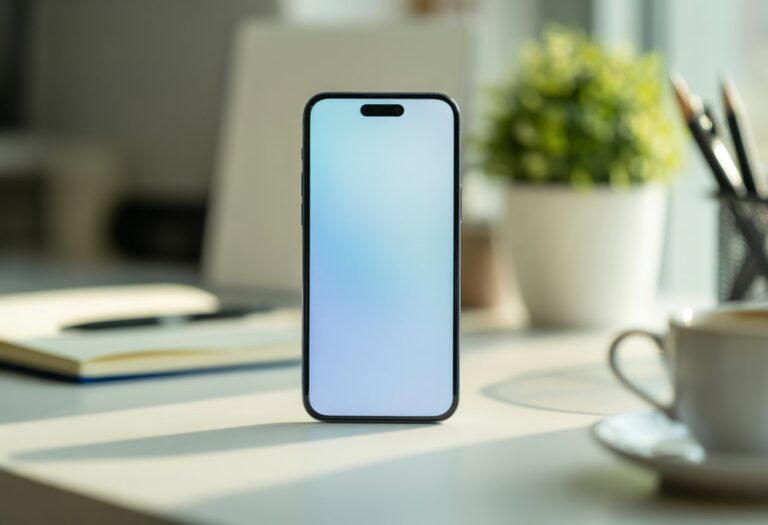 Smartphone moderno em uma mesa organizada com luz natural destacando a tela brilhante do aparelho.