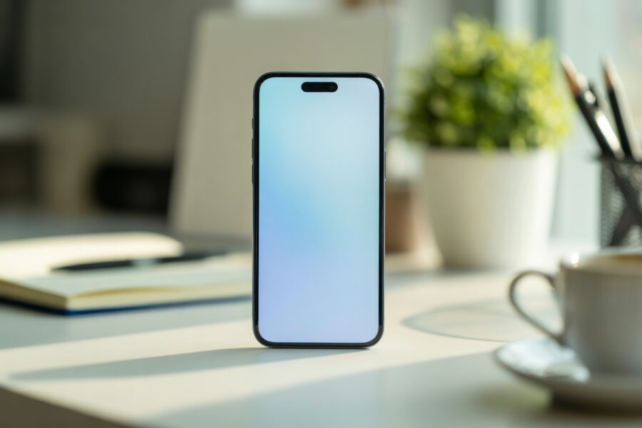 Smartphone moderno em uma mesa organizada com luz natural destacando a tela brilhante do aparelho.
