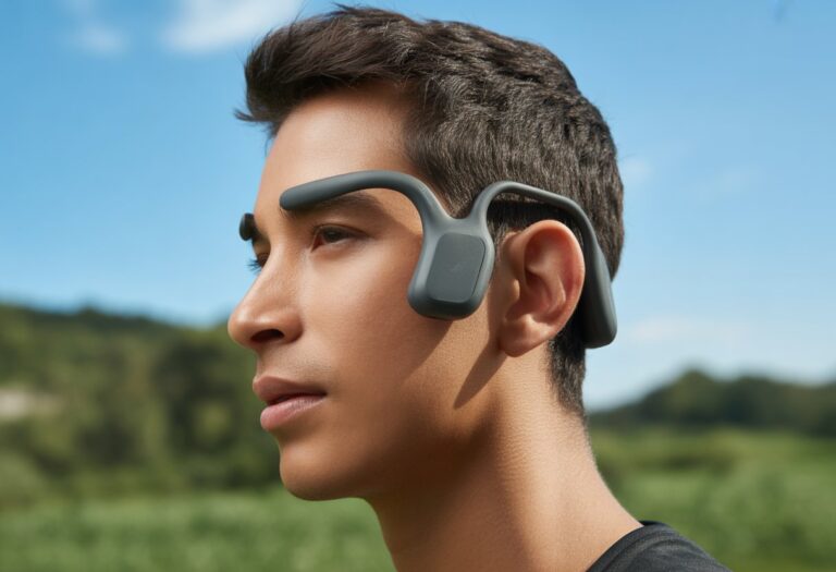 Pessoa usando fones de ouvido de condução óssea ao ar livre em um dia ensolarado.