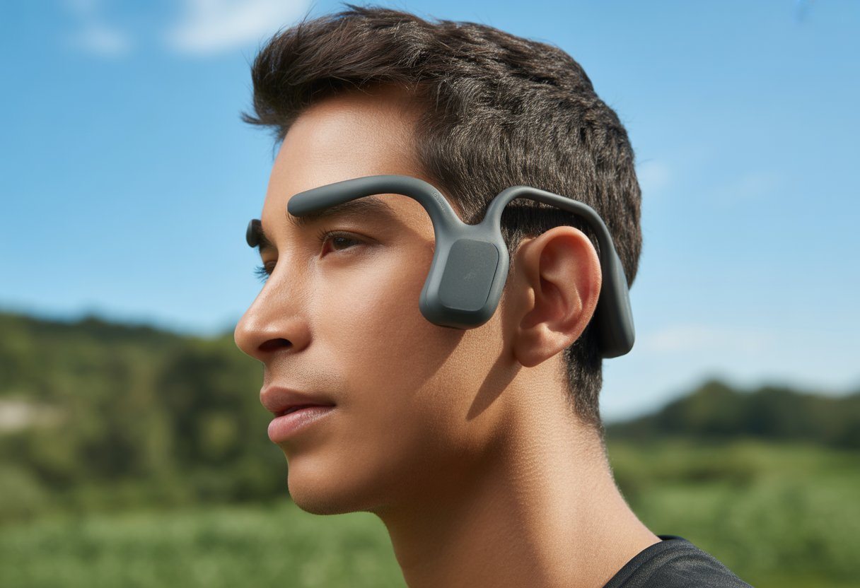 Pessoa usando fones de ouvido de condução óssea ao ar livre em um dia ensolarado.