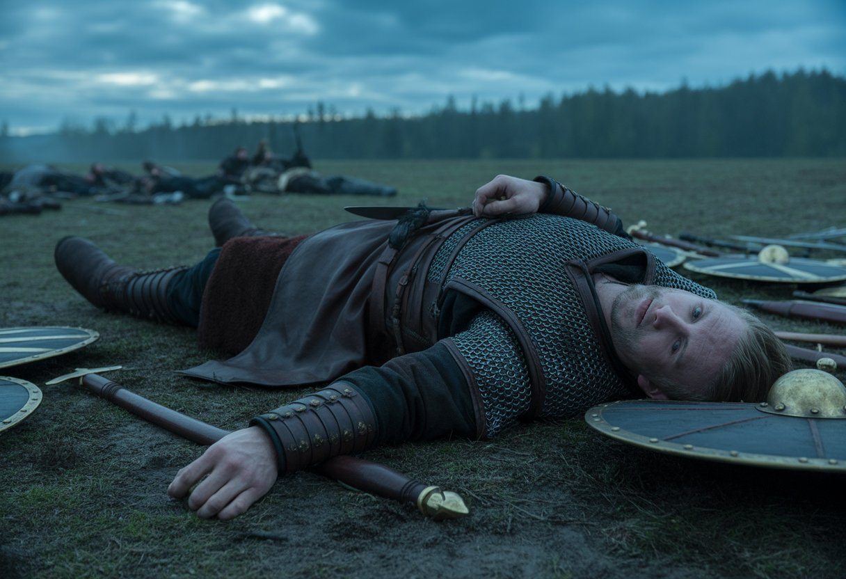 Um guerreiro viking caído em um campo de batalha ao entardecer, cercado por armas e escudos, com uma floresta ao fundo.