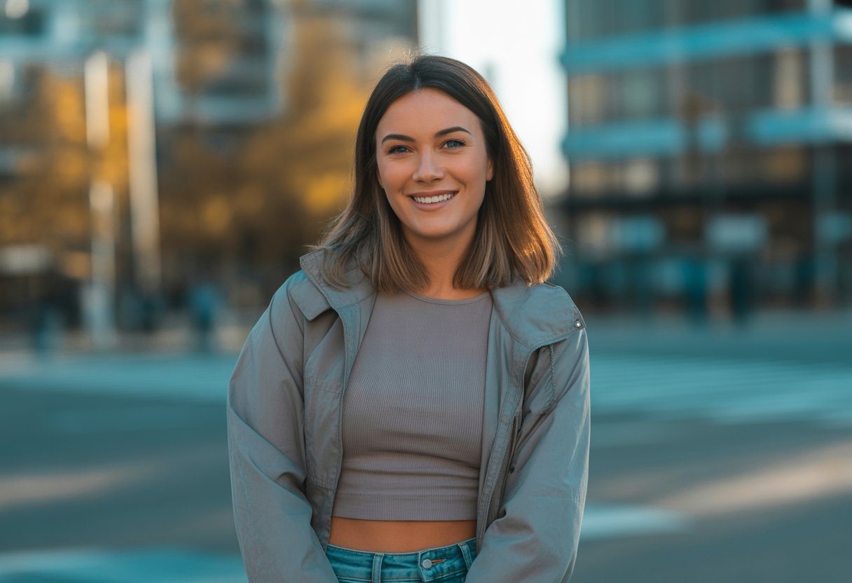Mulher jovem sorrindo em ambiente urbano ao entardecer, com prédios ao fundo.