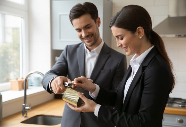 Um homem e uma mulher bem vestidos usando um abridor de latas juntos em uma cozinha moderna e iluminada.