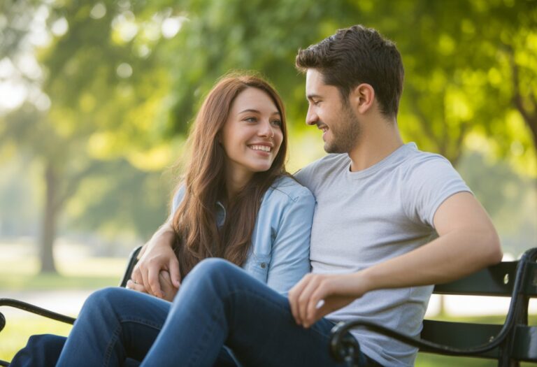 Um casal jovem sentado próximo em um banco de parque, sorrindo e demonstrando afeto em um dia ensolarado.