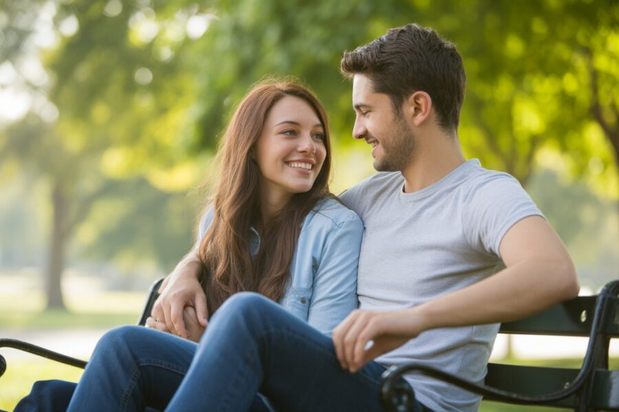 Um casal jovem sentado próximo em um banco de parque, sorrindo e demonstrando afeto em um dia ensolarado.