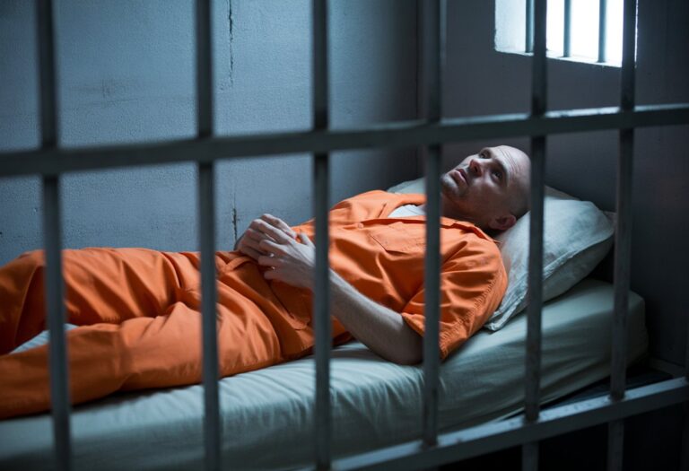 Homem deitado em uma cama dentro de uma cela de prisão, parecendo fraco e abatido.
