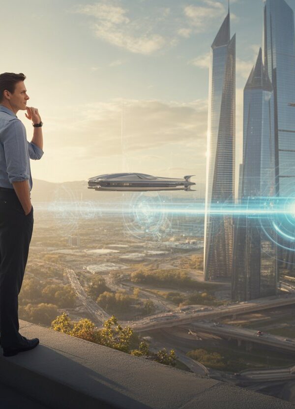 Homem olhando para uma cidade futurista com prédios modernos e elementos tecnológicos brilhantes ao pôr do sol.