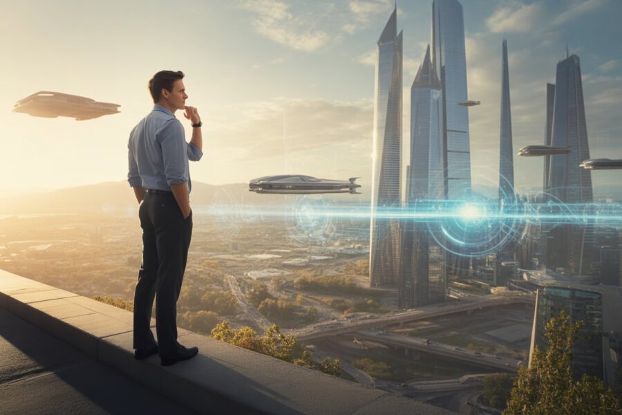 Homem olhando para uma cidade futurista com prédios modernos e elementos tecnológicos brilhantes ao pôr do sol.