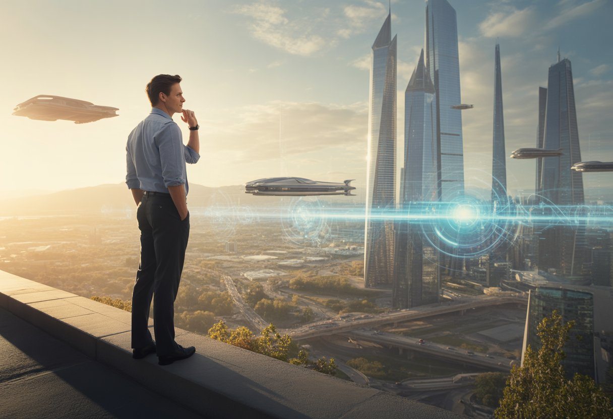 Homem olhando para uma cidade futurista com prédios modernos e elementos tecnológicos brilhantes ao pôr do sol.