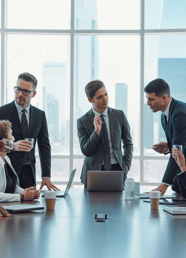 Grupo de profissionais de negócios em uma reunião séria em uma sala de conferências moderna com vista para a cidade.