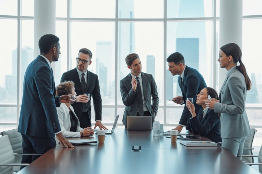 Grupo de profissionais de negócios em uma reunião séria em uma sala de conferências moderna com vista para a cidade.