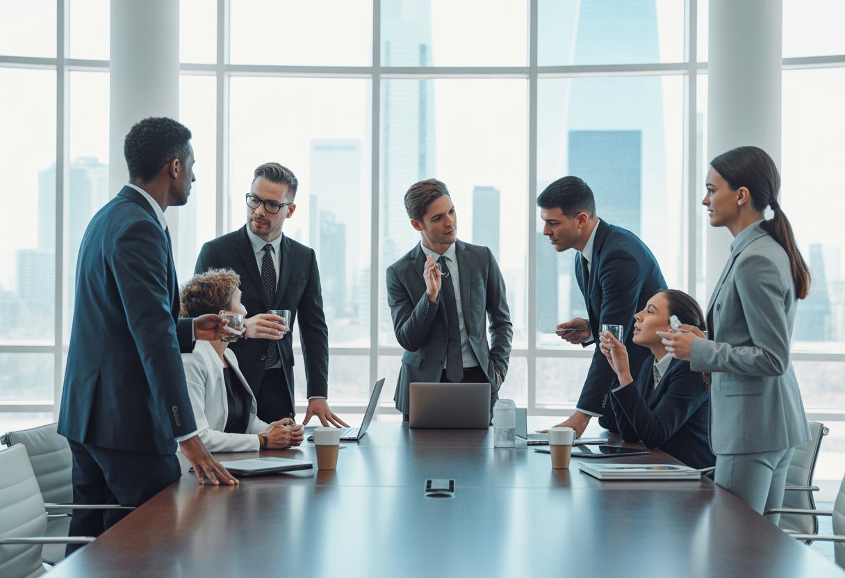 Grupo de profissionais de negócios em uma reunião séria em uma sala de conferências moderna com vista para a cidade.