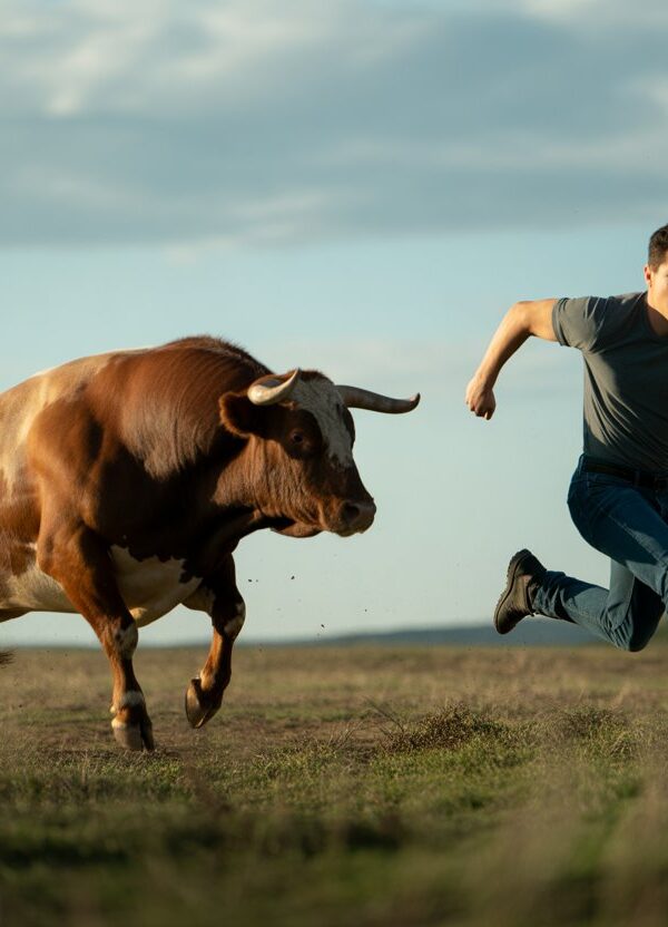 Pessoa correndo em um campo aberto com um boi correndo atrás dela.