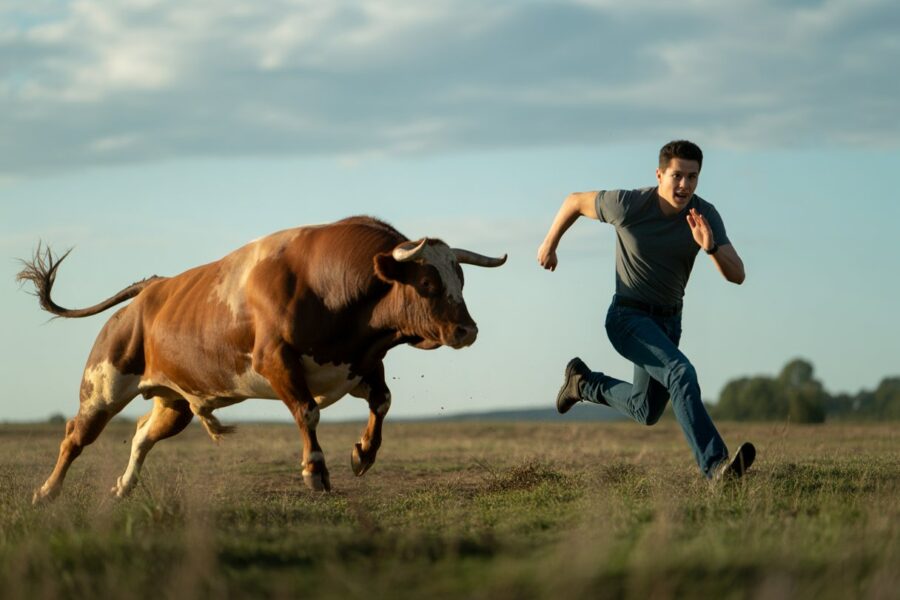Pessoa correndo em um campo aberto com um boi correndo atrás dela.