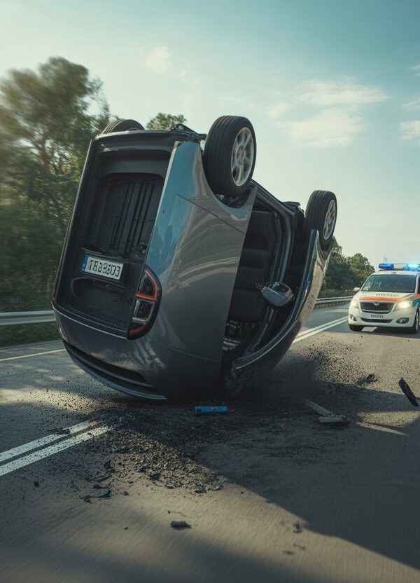 Carro capotando em uma estrada com pessoas e veículos de emergência ao redor.