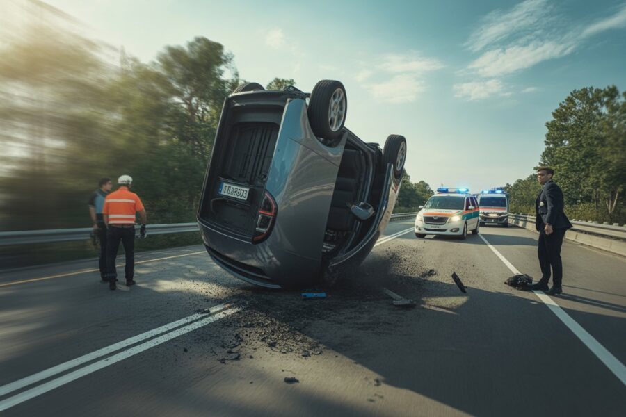 Carro capotando em uma estrada com pessoas e veículos de emergência ao redor.