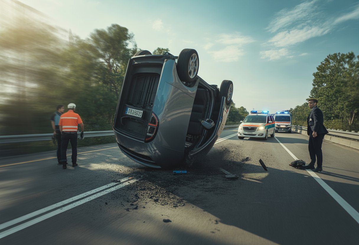 Carro capotando em uma estrada com pessoas e veículos de emergência ao redor.