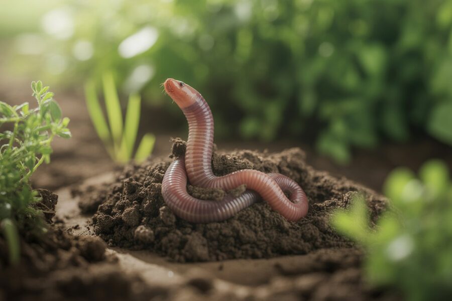 Minhoca parcialmente saindo do solo úmido e escuro em um jardim natural com plantas verdes ao redor.