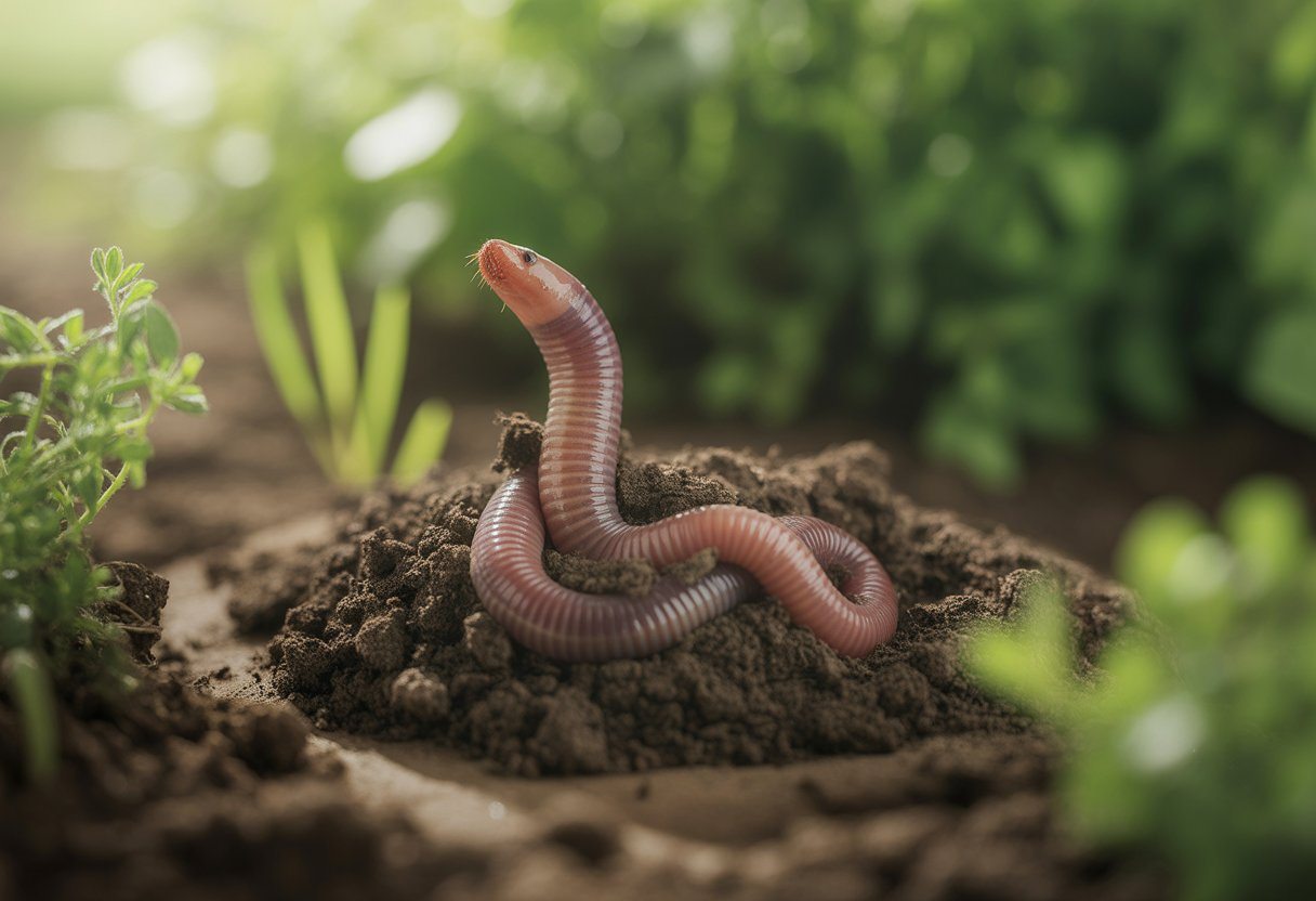 Minhoca parcialmente saindo do solo úmido e escuro em um jardim natural com plantas verdes ao redor.