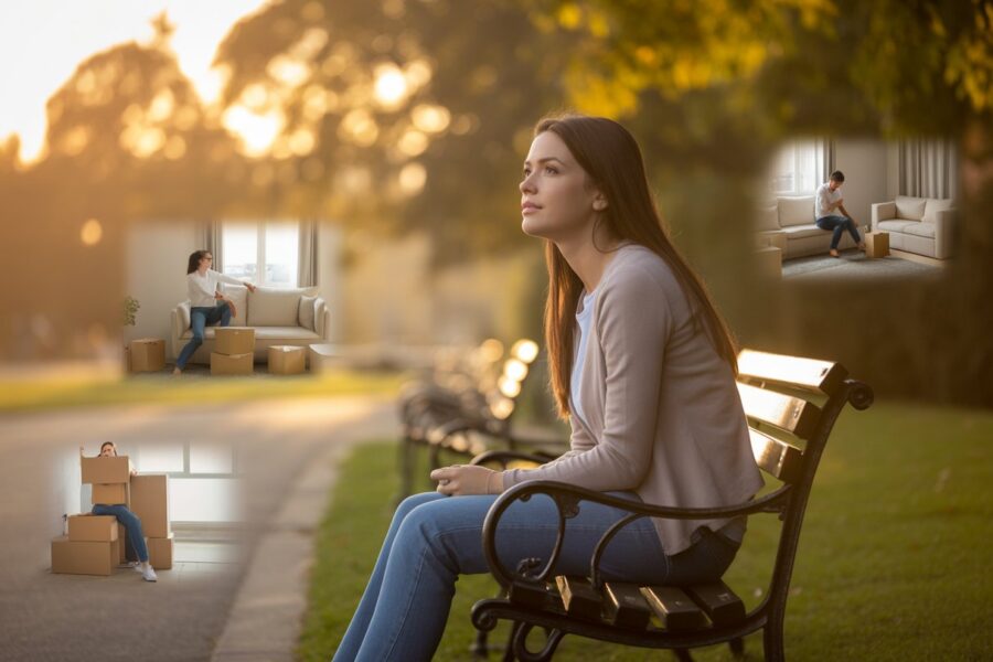 Mulher sentada em um banco de parque olhando pensativa para o horizonte, com imagens sutis de outra pessoa arrumando caixas ao fundo.