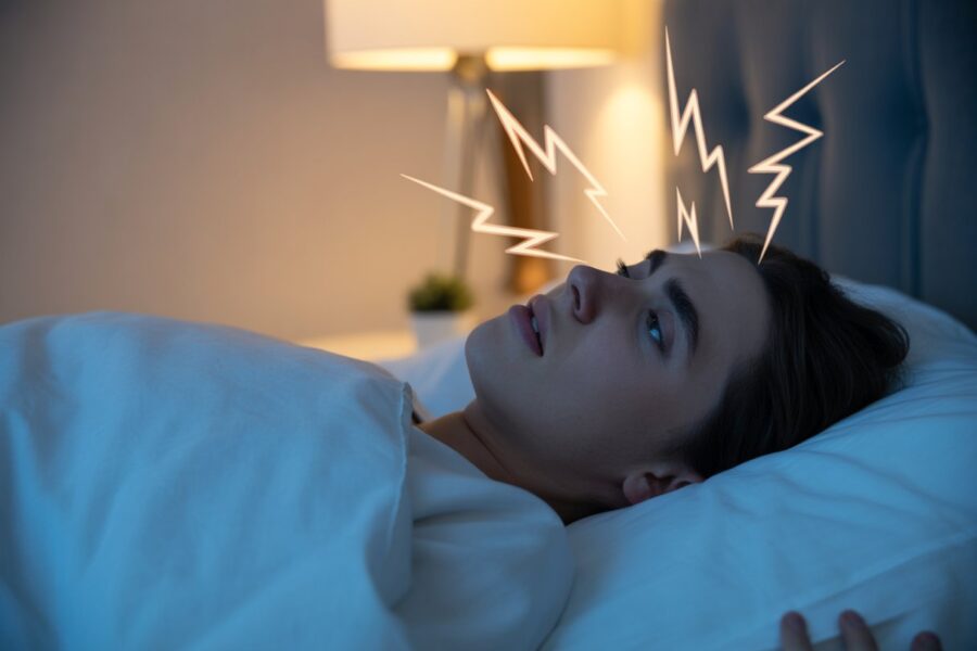 Pessoa deitada na cama com expressão de surpresa, com faíscas elétricas ao redor da cabeça, simbolizando choque durante o sono.