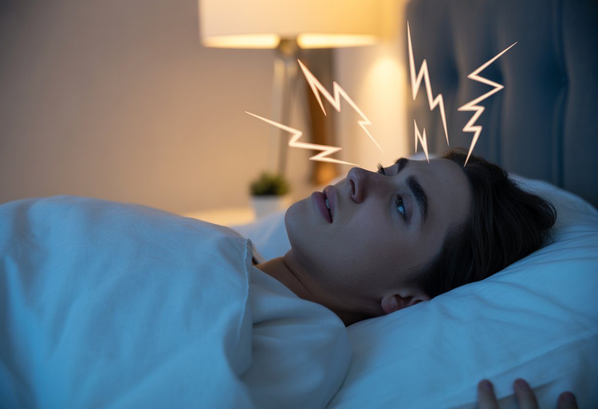 Pessoa deitada na cama com expressão de surpresa, com faíscas elétricas ao redor da cabeça, simbolizando choque durante o sono.