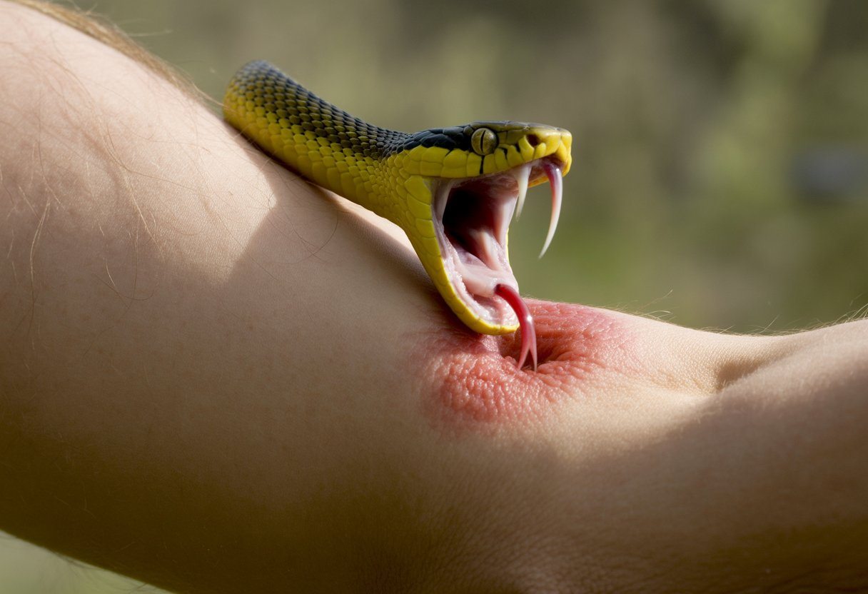 Pessoa tendo uma cobra picando seu braço com a pele levemente vermelha ao redor da mordida.