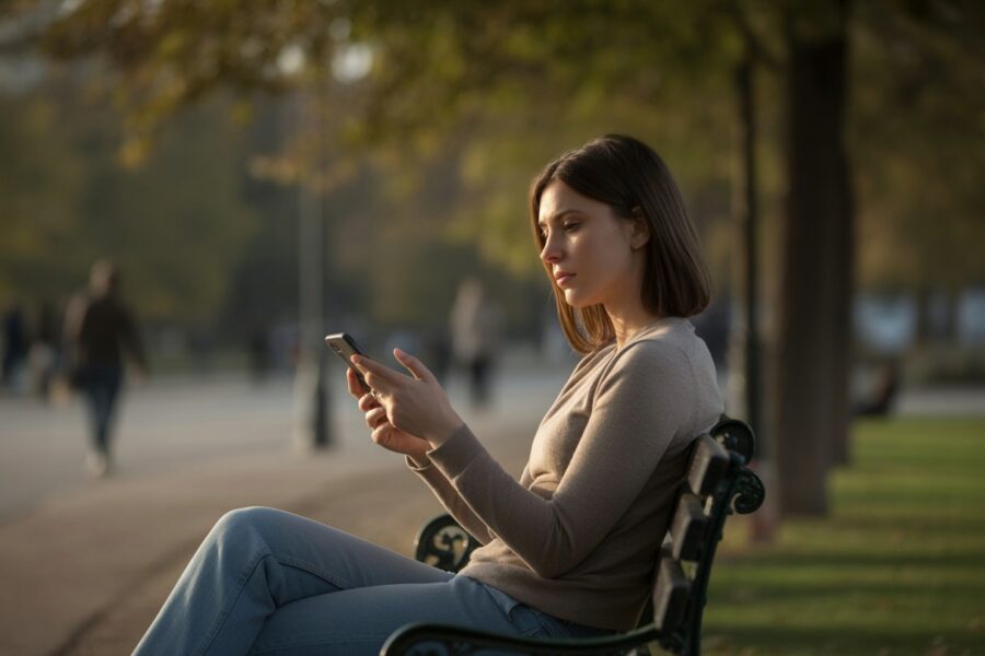 Mulher jovem sentada sozinha em um banco de parque, olhando pensativa e levemente triste, segurando um celular com árvores ao fundo.