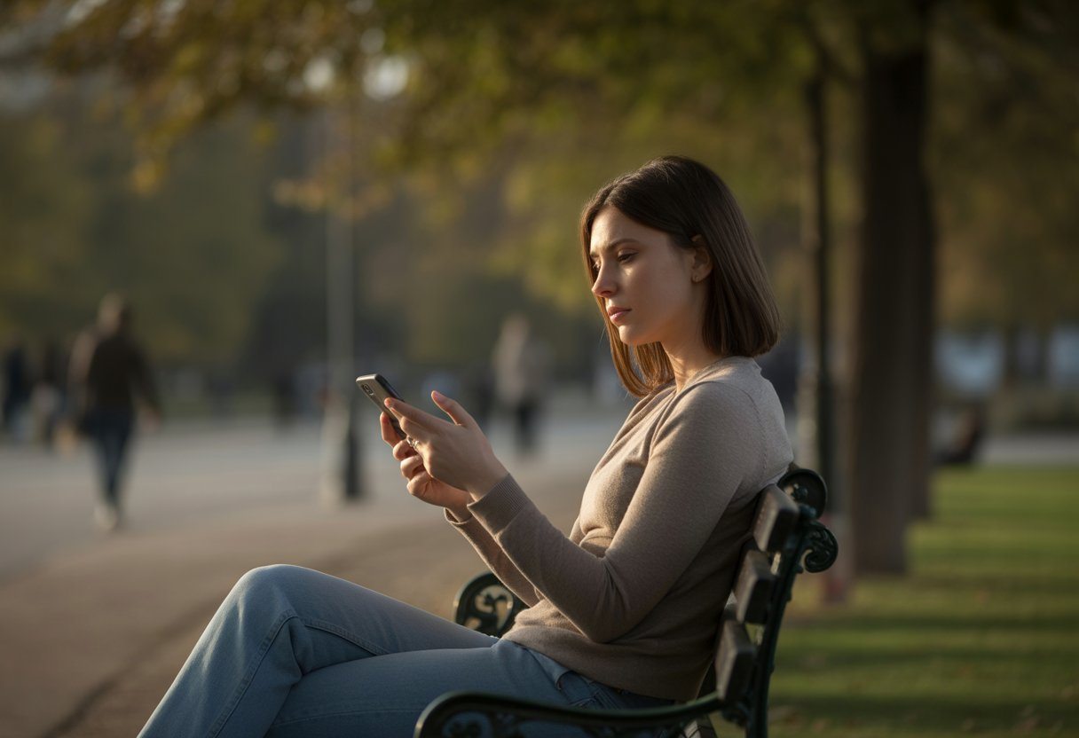 Mulher jovem sentada sozinha em um banco de parque, olhando pensativa e levemente triste, segurando um celular com árvores ao fundo.