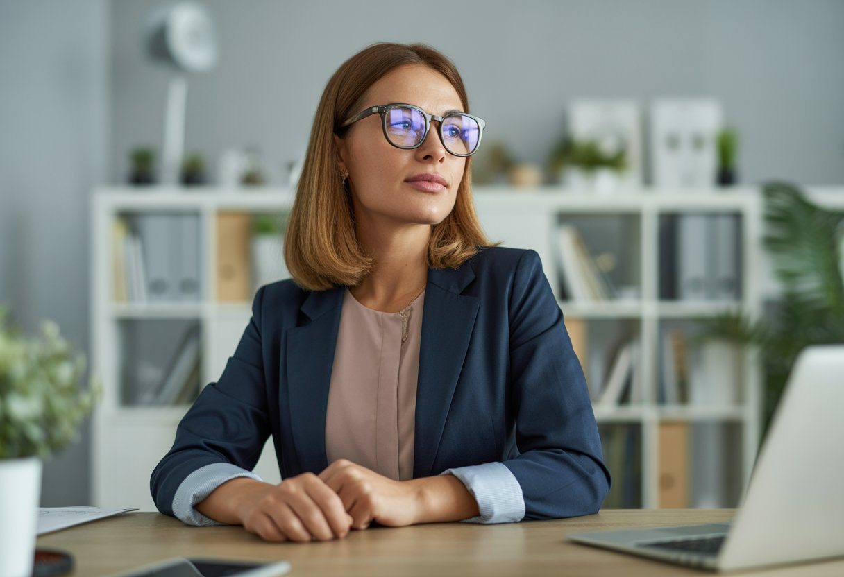 Mulher confiante sentada em uma mesa de escritório moderno, com cabelo castanho médio e óculos, vestindo roupas casuais elegantes, em um ambiente de escritório claro e organizado.