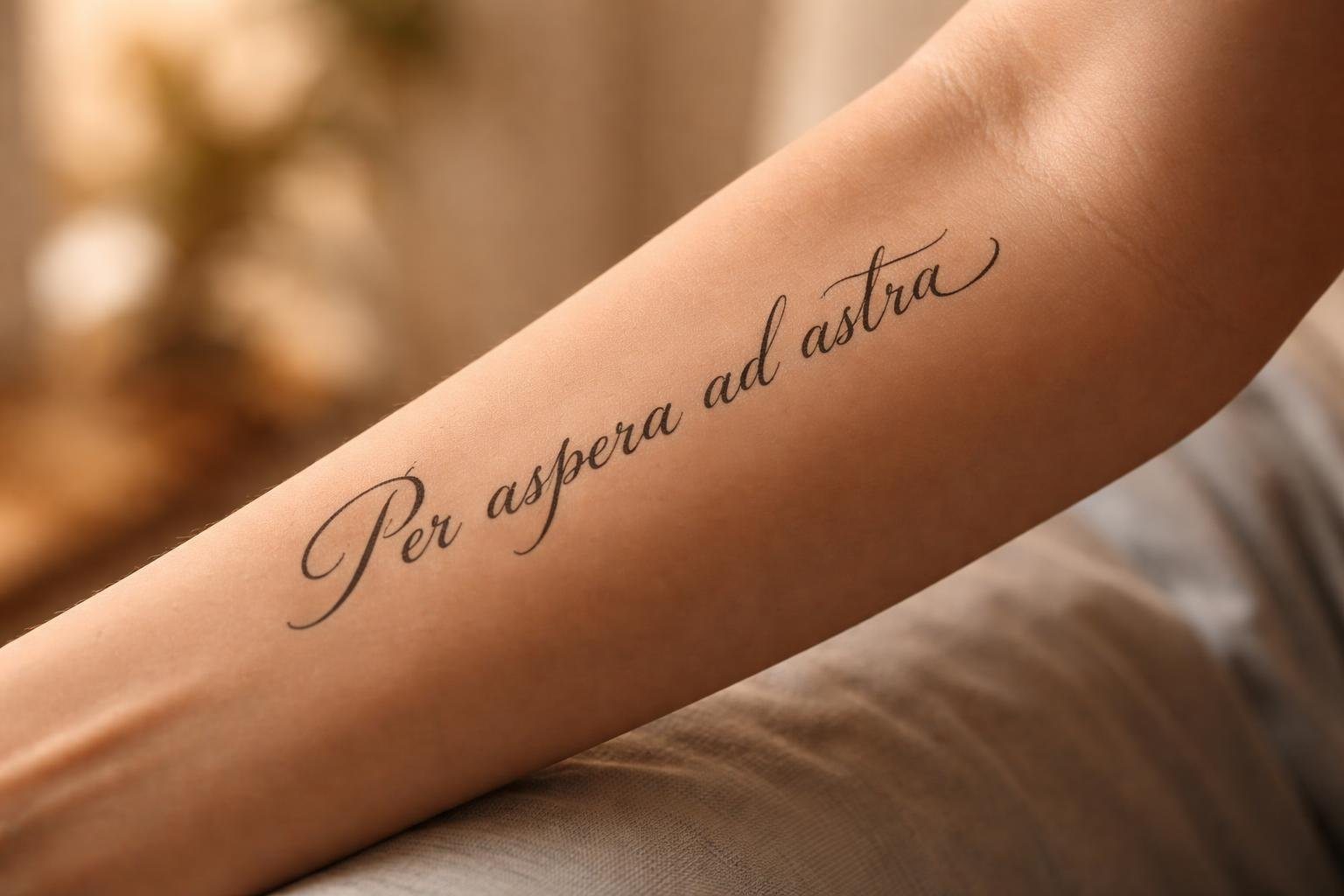 Braço de uma pessoa com uma tatuagem de frase em latim em destaque, com fundo desfocado.