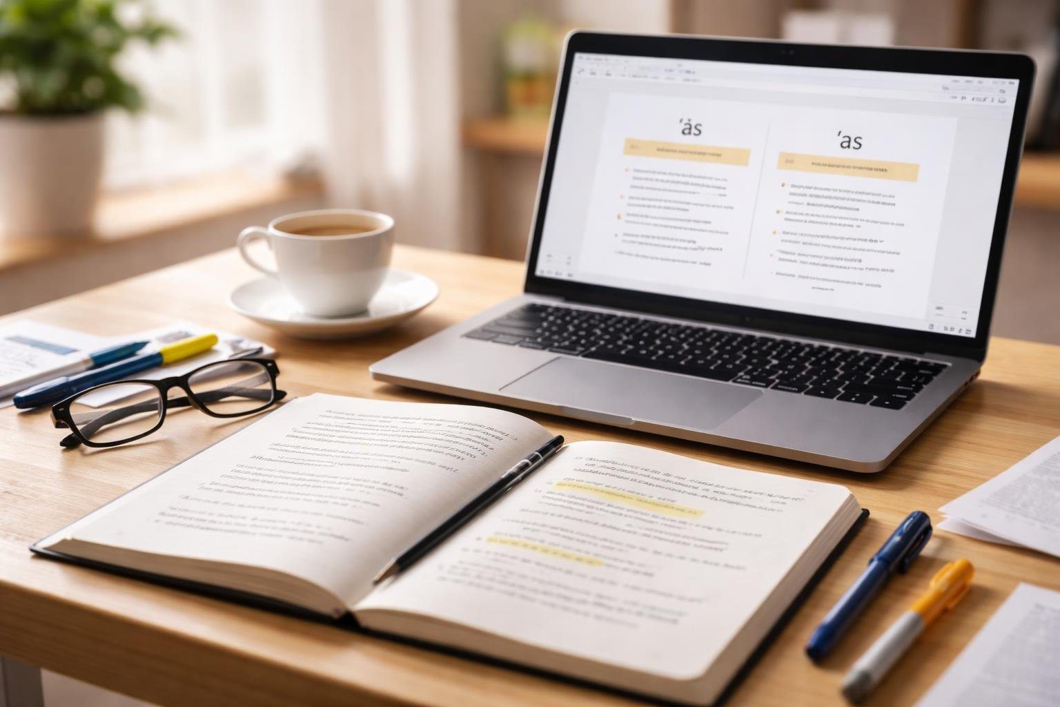 Mesa de trabalho organizada com caderno aberto, laptop ligado e objetos de estudo, representando o estudo da língua portuguesa.