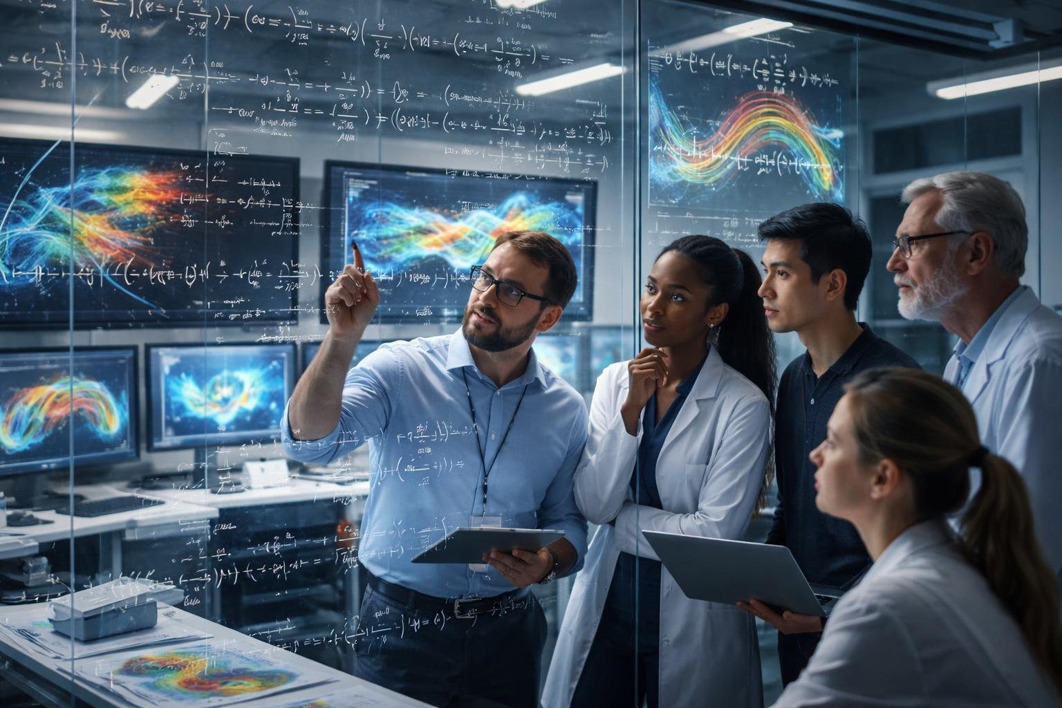 Cientistas discutindo fórmulas complexas da equação de Navier-Stokes em um ambiente de laboratório com quadros transparentes e telas mostrando simulações de fluxo de fluidos.
