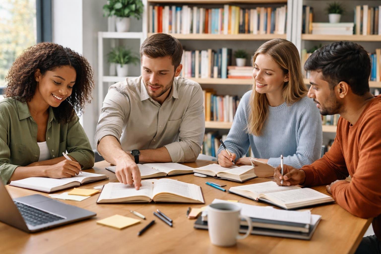 Grupo de jovens adultos discutindo em uma mesa de escritório com cadernos e laptops, em um ambiente organizado e iluminado.