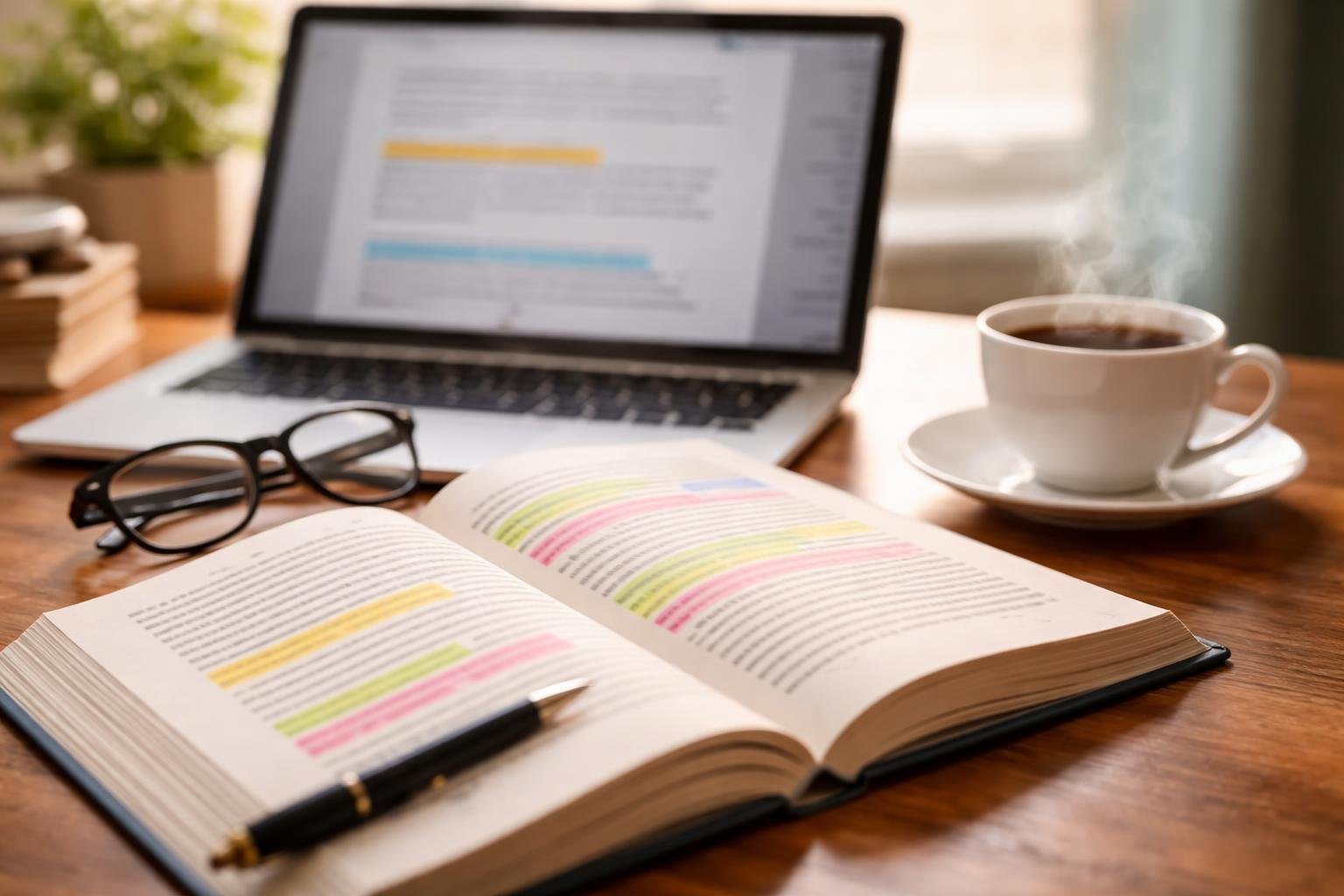 Mesa com livro aberto, óculos de leitura e xícara de café, ao fundo notebook com documento digital, ambiente iluminado por luz natural.