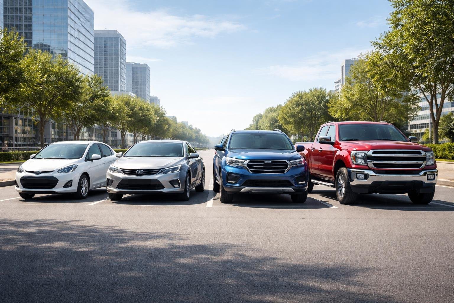 Vários carros de diferentes categorias estacionados lado a lado em uma rua urbana durante o dia.