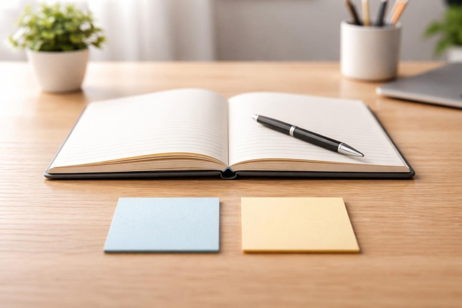 Mesa de madeira com um caderno aberto, uma caneta e dois cartões pequenos lado a lado, representando a comparação entre duas palavras.