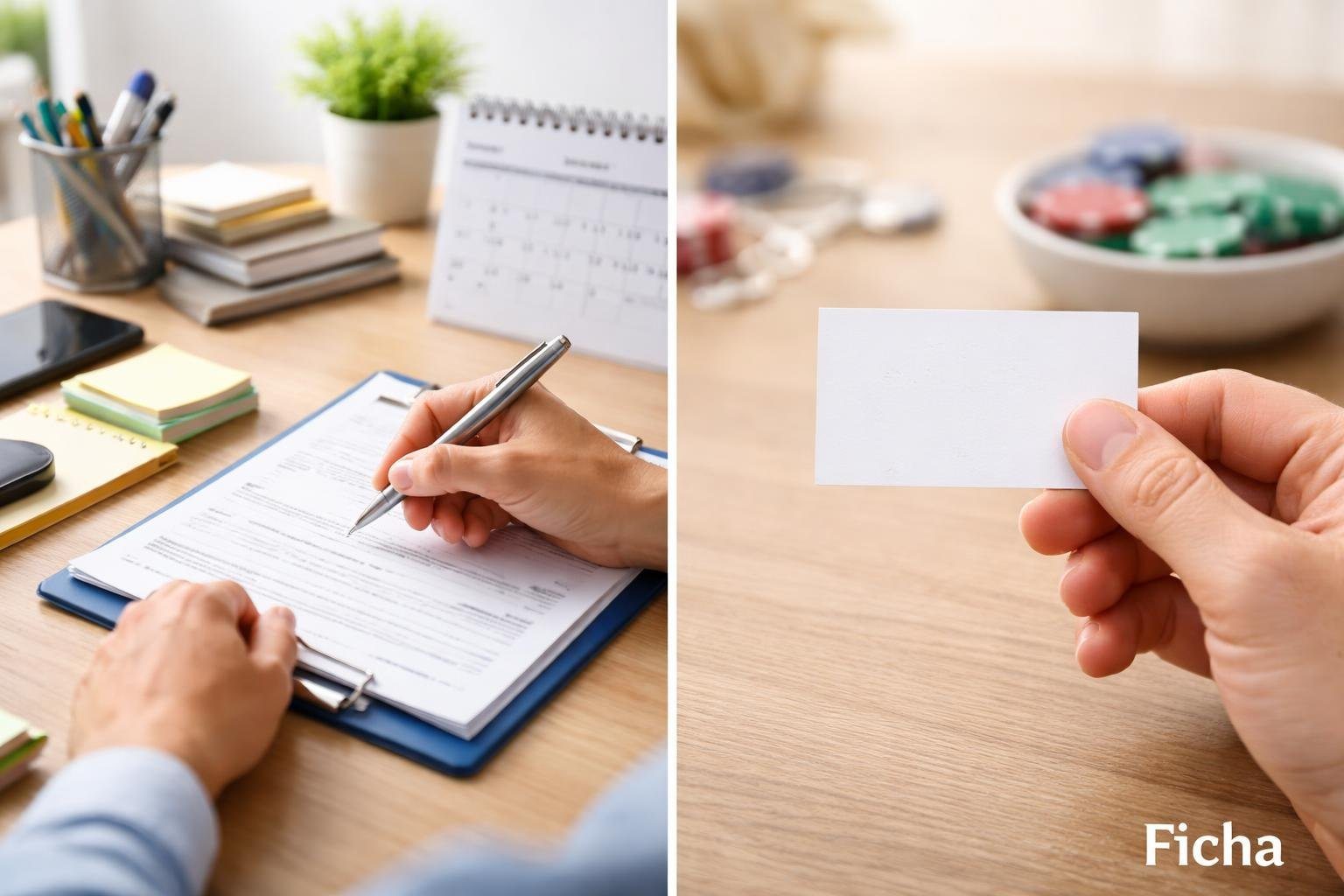 Mesa de escritório organizada com uma pessoa escrevendo de um lado e uma mão segurando um cartão do outro lado.