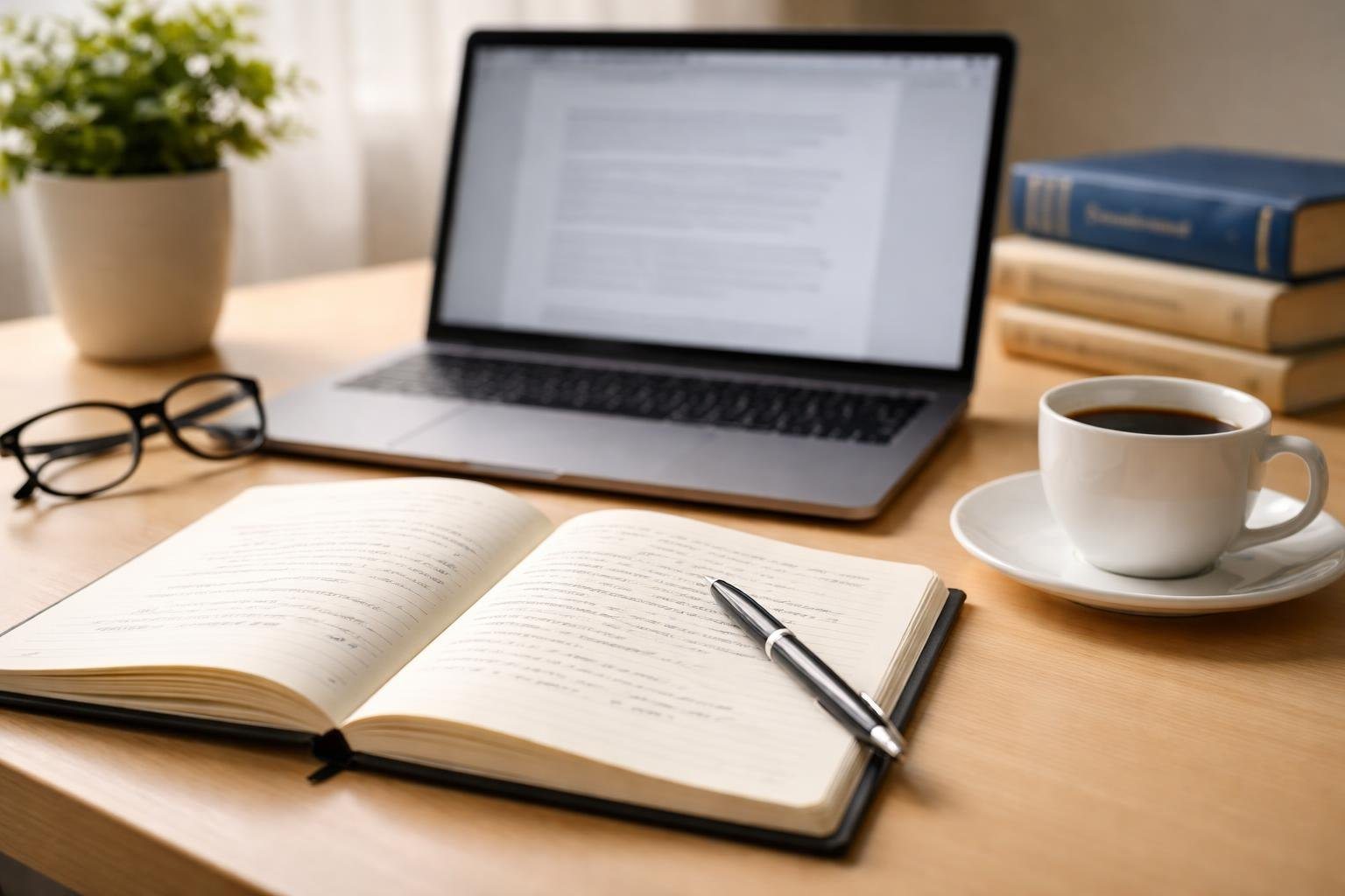 Mesa de trabalho com notebook aberto, caneta, laptop e xícara de café, indicando estudo ou escrita.
