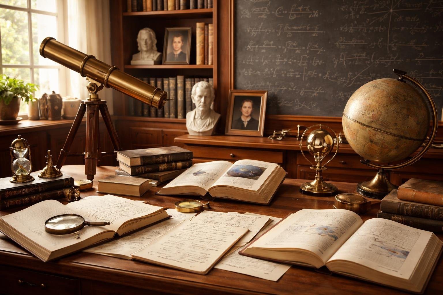 Ambiente de estudo com livros de física, instrumentos científicos e retratos pequenos de físicos famosos em uma mesa organizada.